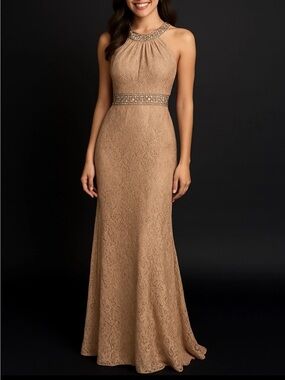 Embellished Halter Lace Evening Gown - Tan